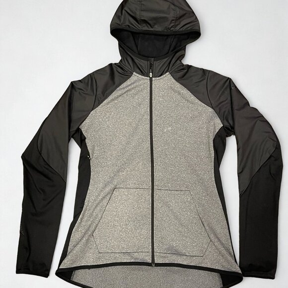 Nike Tops - Nike Dri-FIT Hooded Full Zip Jacket Gray Black Woven Overlay Thumbholes Size L